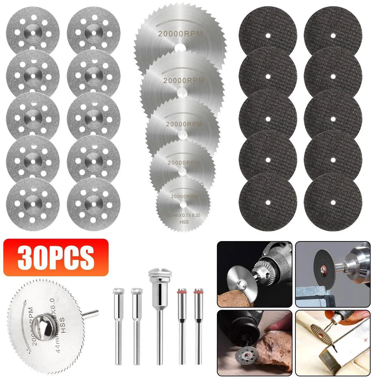 Main image of NSI 30 Pcs Cutting Wheel Set for Rotary Tool - HSS Circular Saw Blades, Diamond, and Resin Cutting Discs for Wood, Plastic, Stone, and More