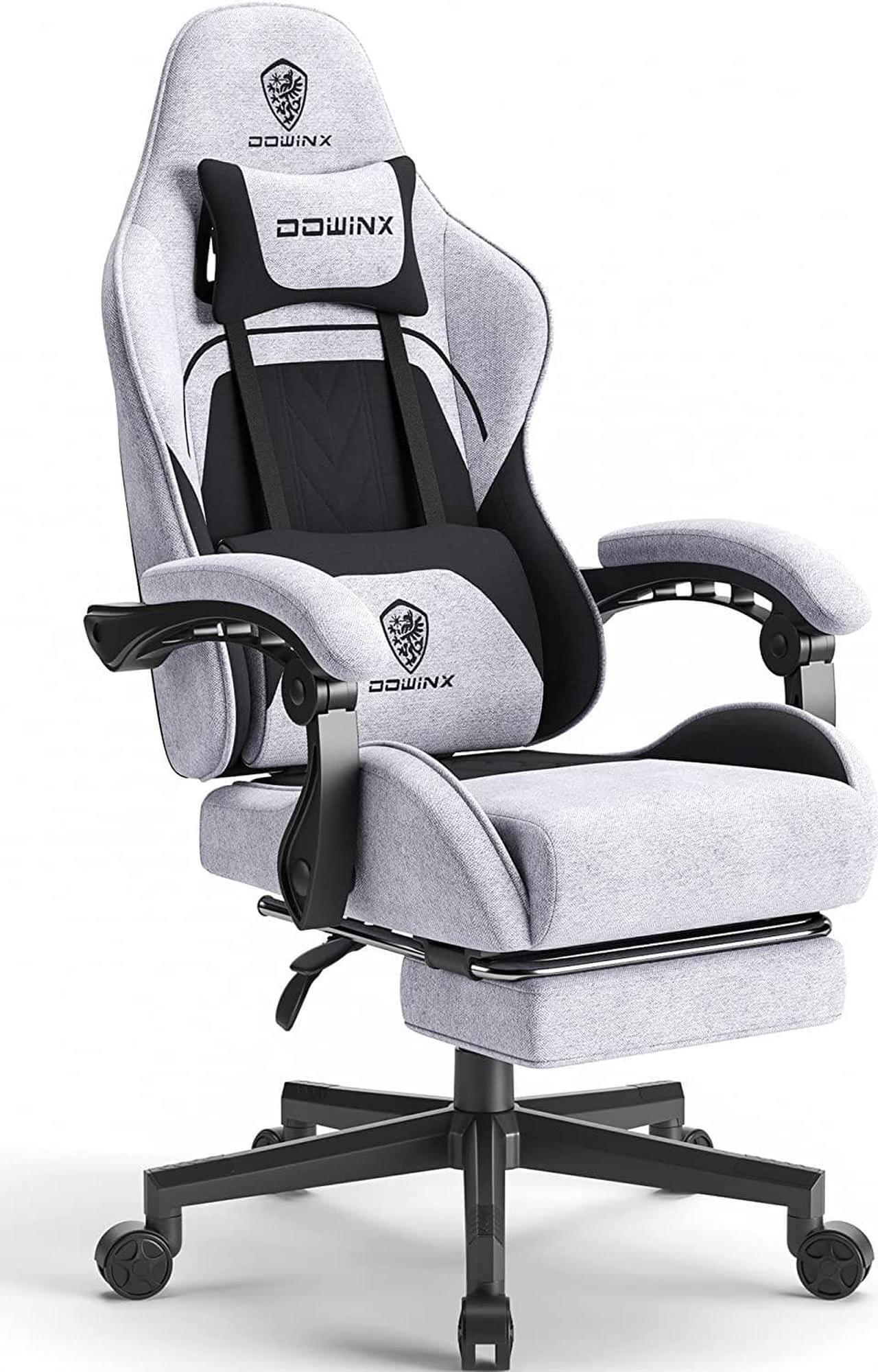 Main image of Dowinx Gaming Chair Fabric with Pocket Spring Cushion, Massage Game Chair Cloth with Headrest, Ergonomic Computer Chair with Footrest 290LBS, Black and Grey