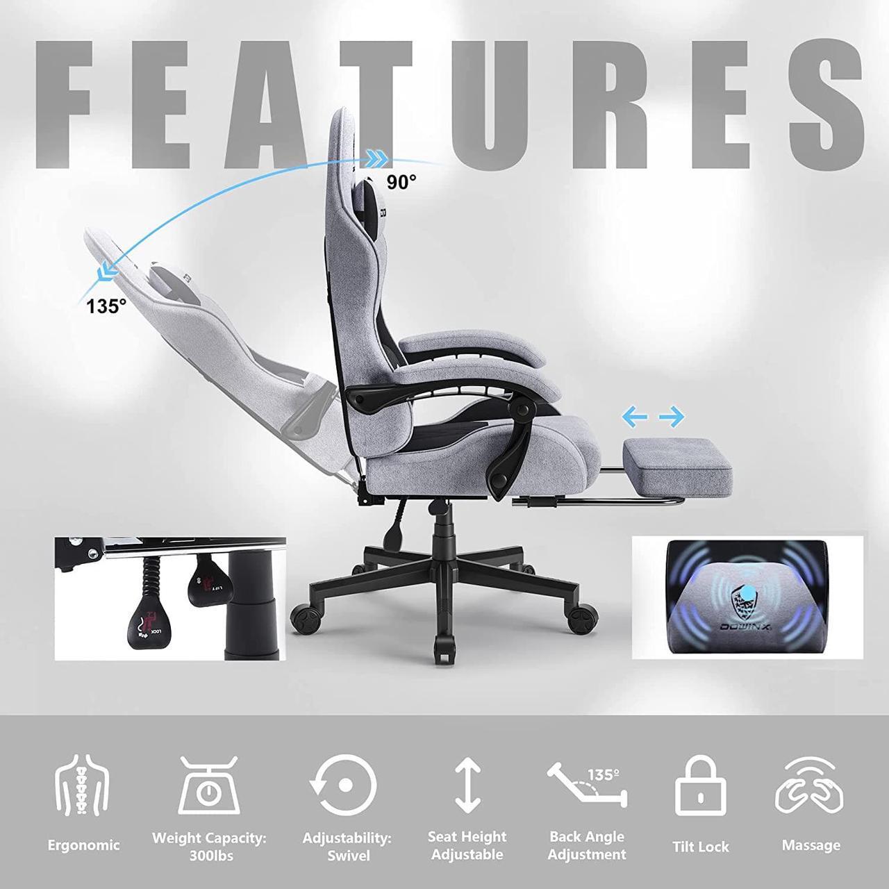 Alt view image 7 of 7 - Dowinx Gaming Chair Fabric with Pocket Spring Cushion, Massage Game Chair Cloth with Headrest, Ergonomic Computer Chair with Footrest 290LBS, Black and Grey