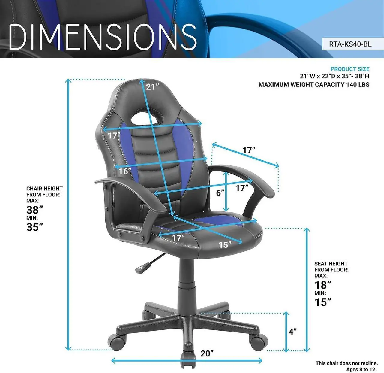 Alt view image 3 of 7 - Techni Mobili Kid's Gaming and Student Racer Chair with Wheels, Resemblance of a sport's car interior, Polypropylene, Blue, Welcome to consult