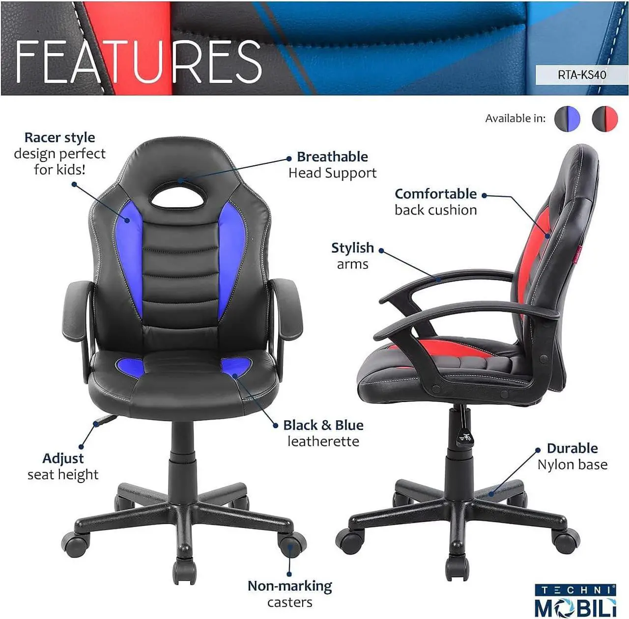 Alt view image 4 of 7 - Techni Mobili Kid's Gaming and Student Racer Chair with Wheels, Resemblance of a sport's car interior, Polypropylene, Blue, Welcome to consult