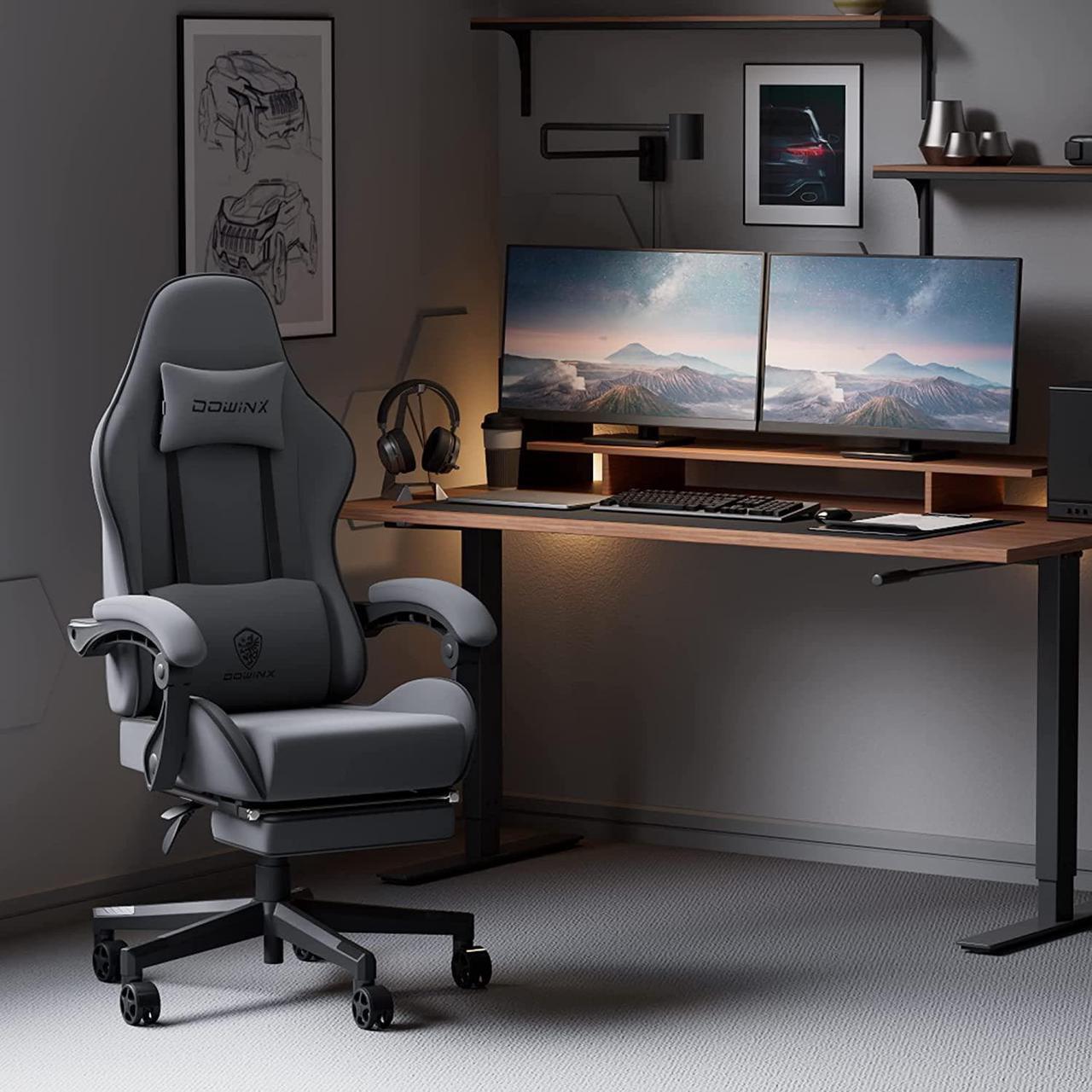 Alt view image 2 of 7 - Dowinx Gaming Chair Fabric with Pocket Spring Cushion, Massage Game Chair Cloth with Headrest, Ergonomic Computer Chair with Footrest 290LBS, Light Grey