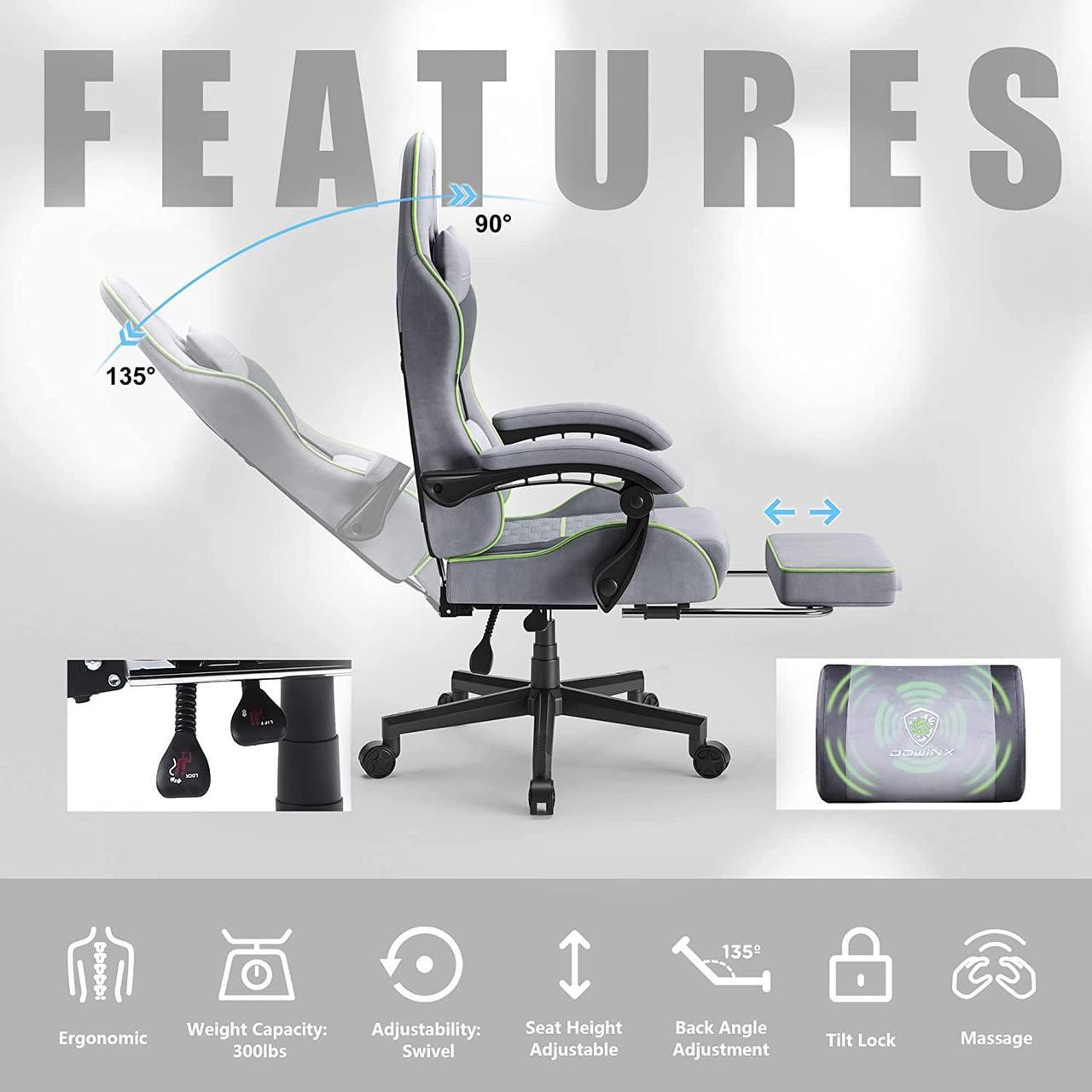 Alt view image 7 of 7 - Dowinx Gaming Chair Fabric with Pocket Spring Cushion, Massage Game Chair Cloth with Headrest, Ergonomic Computer Chair with Footrest 290LBS, Light Grey
