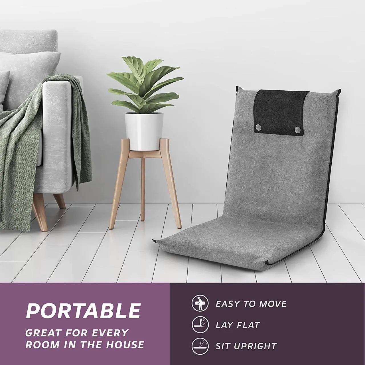 Alt view image 5 of 7 - bonVIVO II Floor Chair with Back Support - Floor Gaming Chair, Padded Folding Sofa Chair, Sleeper Bed, Adjustable Meditation Chair, Portable Floor Seat for Adults and Kids, Folds Flat - Dark Grey