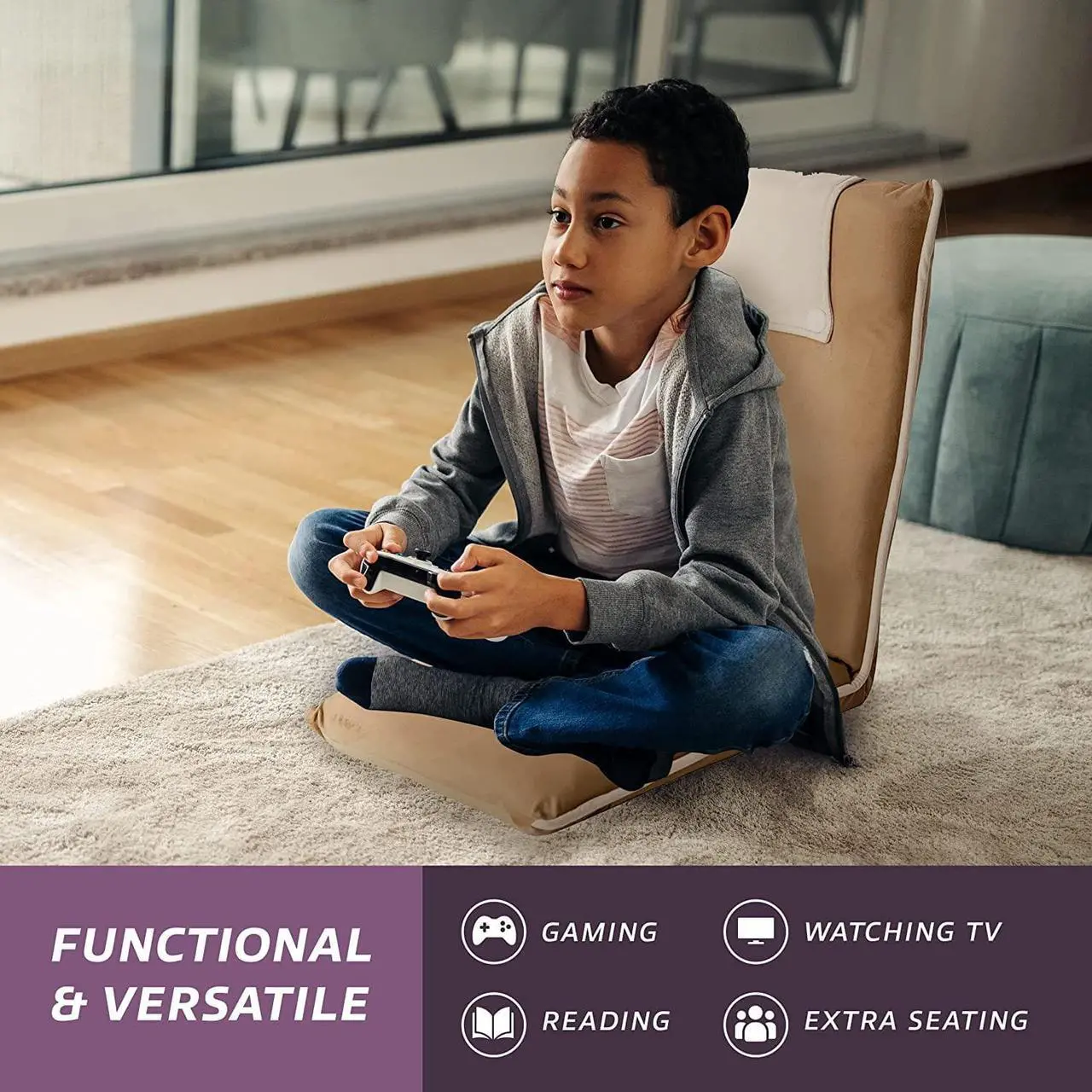Alt view image 6 of 7 - bonVIVO II Floor Chair with Back Support - Floor Gaming Chair, Padded Folding Sofa Chair, Sleeper Bed, Adjustable Meditation Chair, Portable Floor Seat for Adults and Kids, Folds Flat - Dark Grey