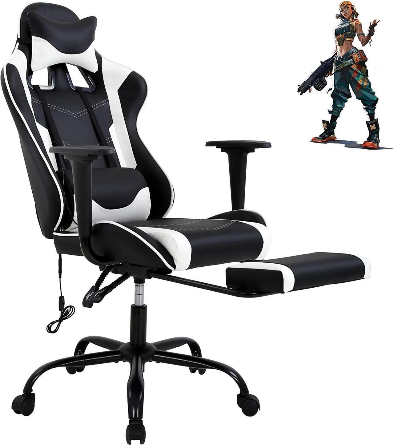 Main image of PC Gaming Chair Ergonomic Racing Office Chair Video Game Chair, Massage Function Lumbar Support with Arms Footrest & Headrest Nice Chic Desk Chair, Adjustable Home Office Chair - White