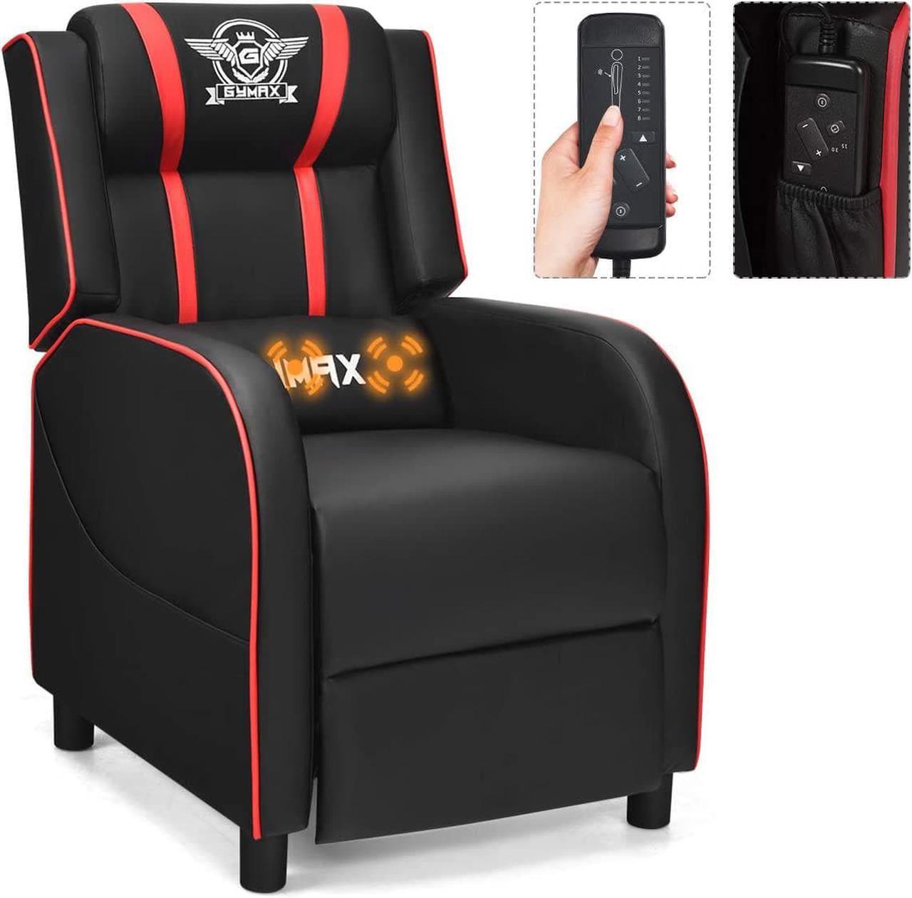 Main image of GYMAX Gaming Recliner, Massage Gaming Chair with Adjustable Backrest Footrest, Remote Control & Side Pocket, Ergonomic Game Lounge Chair, Racing Style Single Theater Seat Game Sofa for Adults (Red)