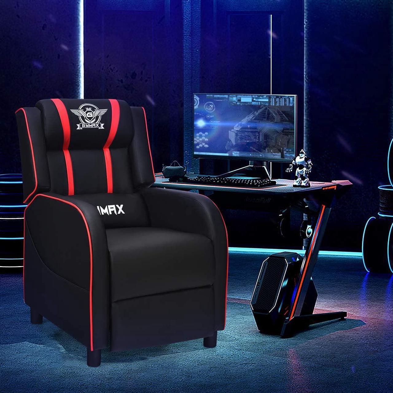 Alt view image 2 of 7 - GYMAX Gaming Recliner, Massage Gaming Chair with Adjustable Backrest Footrest, Remote Control & Side Pocket, Ergonomic Game Lounge Chair, Racing Style Single Theater Seat Game Sofa for Adults (Red)