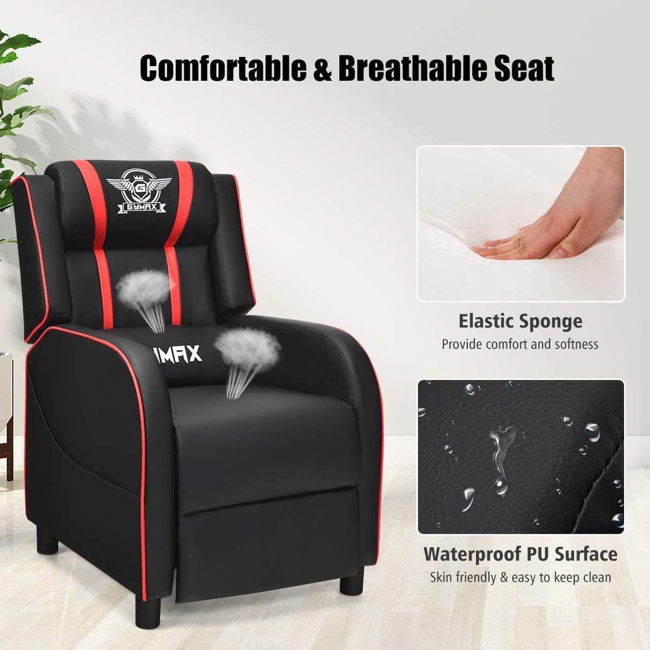 Alt view image 7 of 7 - GYMAX Gaming Recliner, Massage Gaming Chair with Adjustable Backrest Footrest, Remote Control & Side Pocket, Ergonomic Game Lounge Chair, Racing Style Single Theater Seat Game Sofa for Adults (Red)
