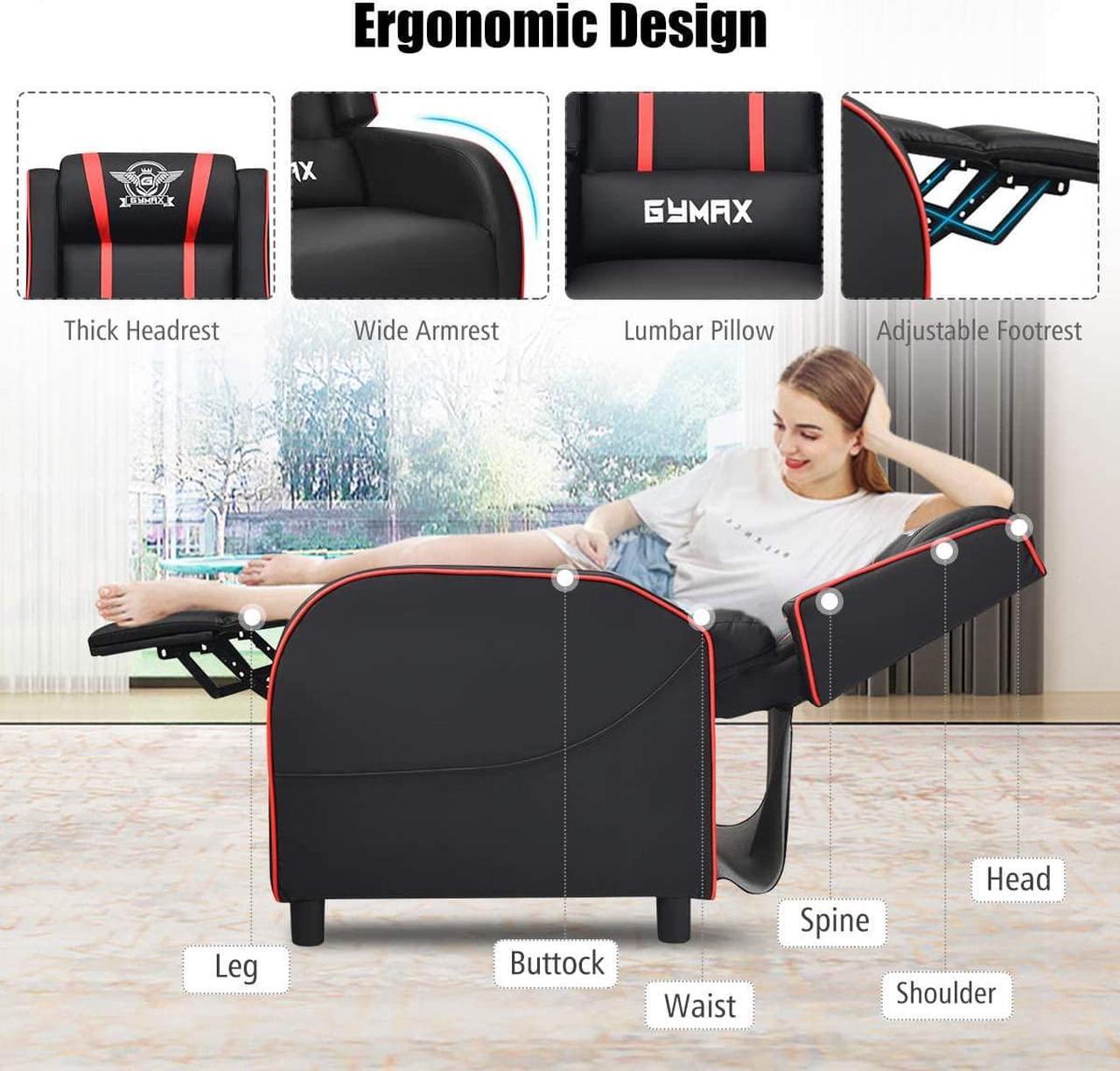 Alt view image 6 of 7 - GYMAX Gaming Recliner, Massage Gaming Chair with Adjustable Backrest Footrest, Remote Control & Side Pocket, Ergonomic Game Lounge Chair, Racing Style Single Theater Seat Game Sofa for Adults (Red)