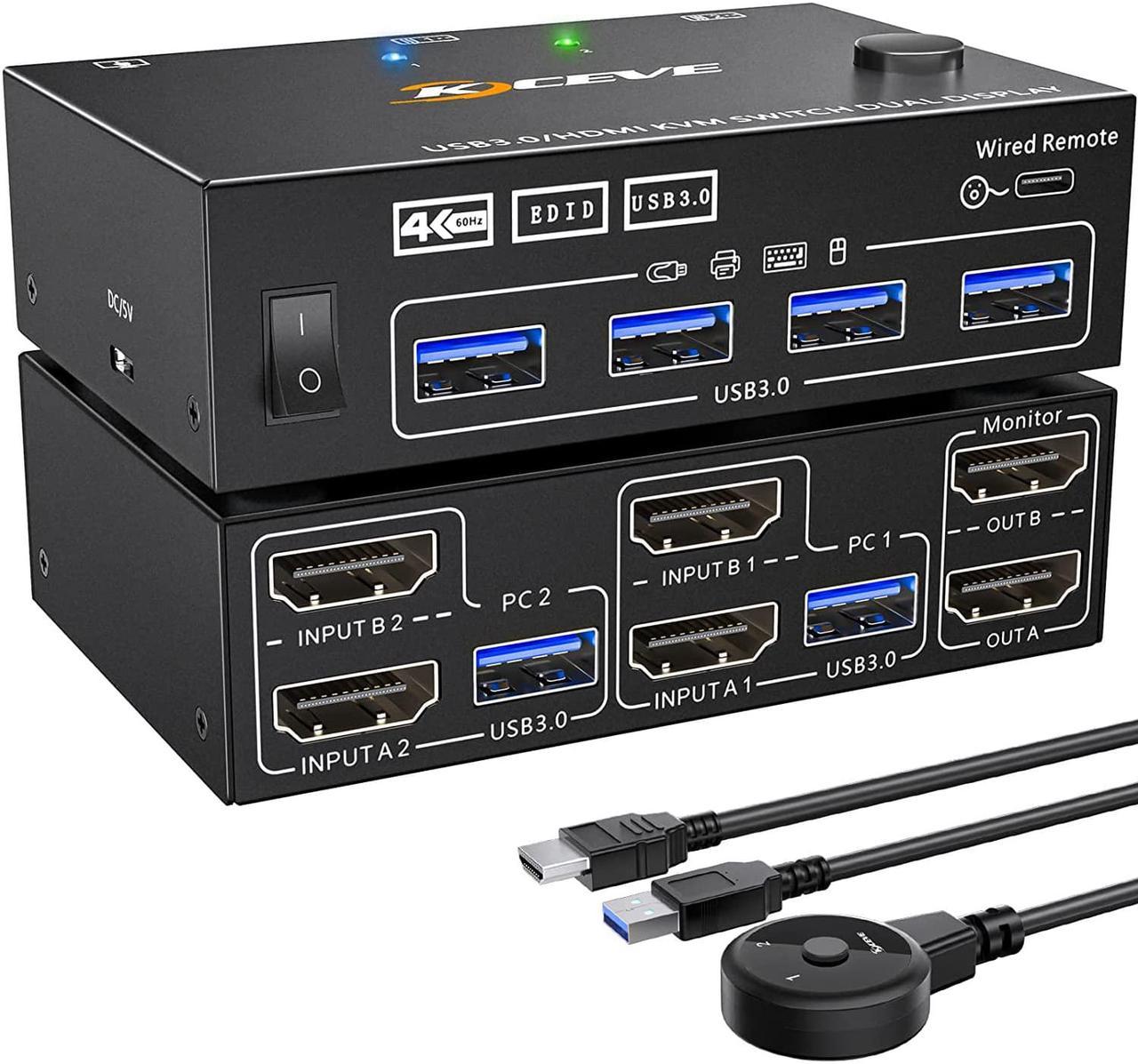 Dual Monitor KVM Switch 2 Port 4K@60Hz 2K@144Hz Simulation EDID,HDMI USB 3.0 Switch Extended Display 2 Monitors 2 Computers with HDMI and USB 3.0 Cables Wired Controller