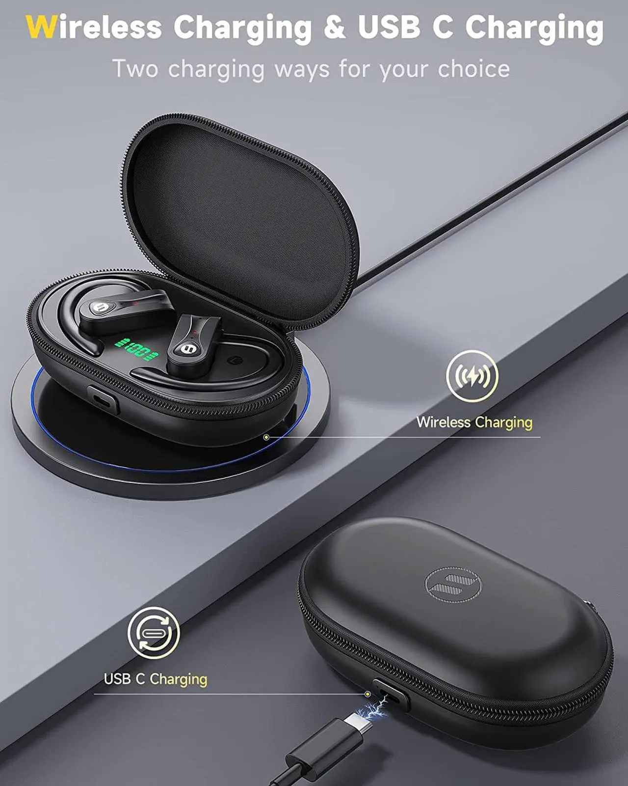 Alt view image 3 of 6 - Bluetooth Headphones Noise Canceling 4 Mics Clear Call Stereo Bass Sound 60H Playtime Wireless Charging Case Over Ear Earphones LED Digital Display Headset with Earhooks for Sports Running Workout Gym
