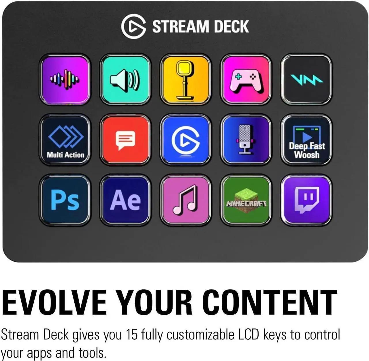 Alt view image 2 of 7 - Stream Deck MK.2  Studio Controller, 15 macro keys, trigger actions in apps and software like OBS, Twitch, ?YouTube and more, works with Mac and PC