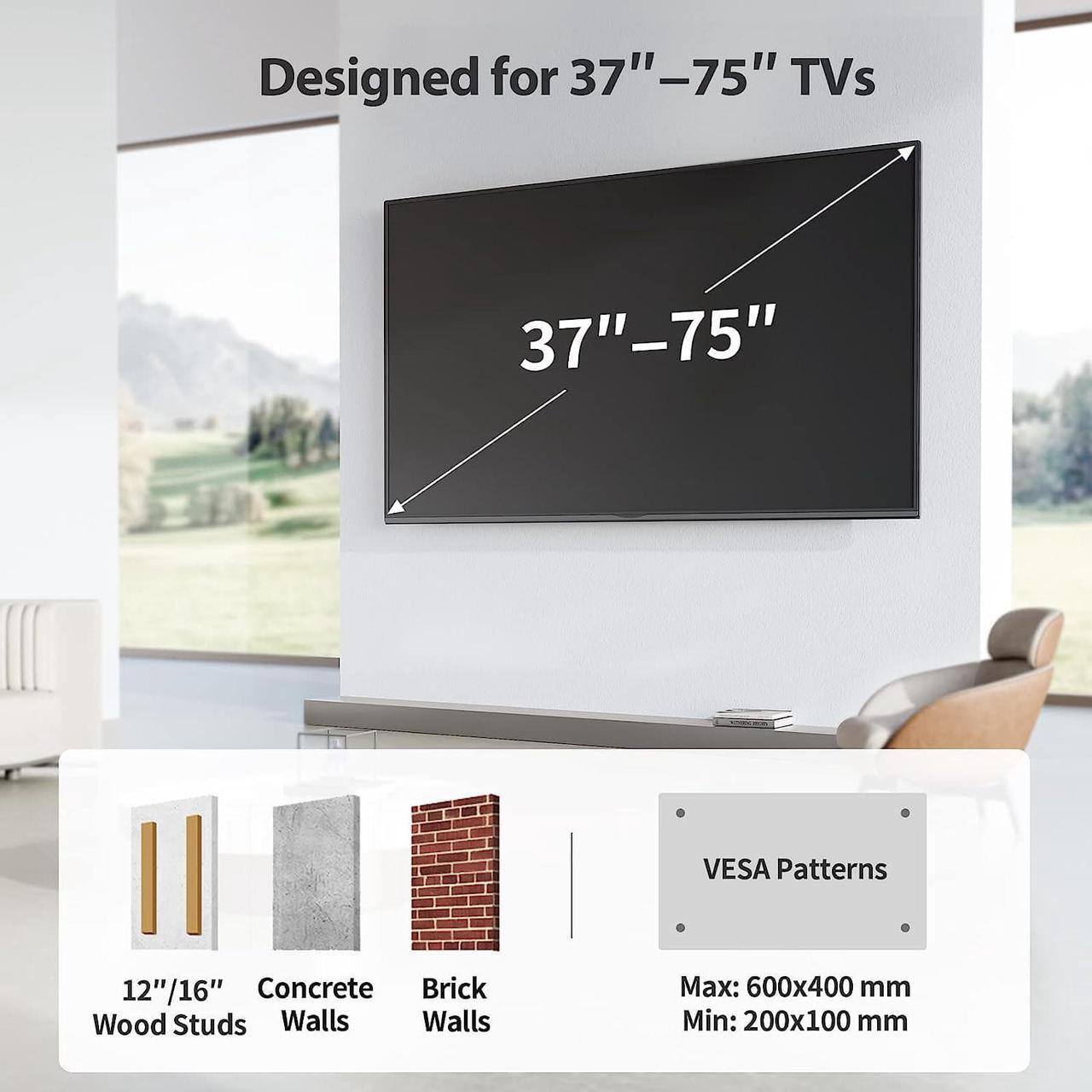 Alt view image 7 of 7 - Full Motion TV Wall Mount for Most 37-75 inch TVs up to 100 lbs, Wall Mount Bracket with Dual Articulating Arms, Swivel, Tilt, Max VESA 600x400mm, TV Mount Fits 12/16 Wood Studs, PILF6