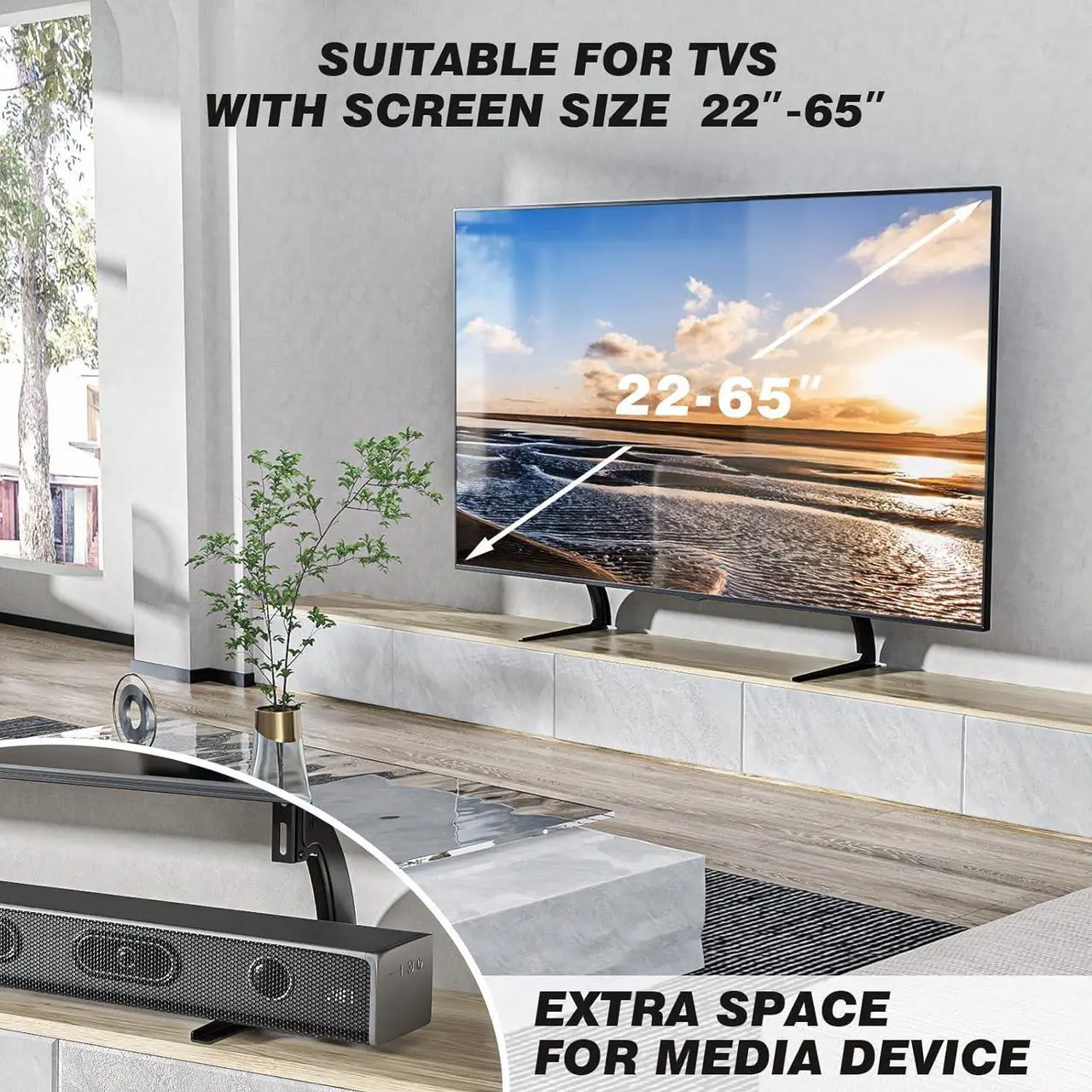 Alt view image 2 of 7 - 5Rcom TV Stand Mount, Universal TV Stand Tabletop for 22 to 65 inch Plasma LCD LED Flat Screen TVs, TV Legs, Holds up to 88lbs, Max VESA 800 x 500mm, Height Adjustable TV Base,