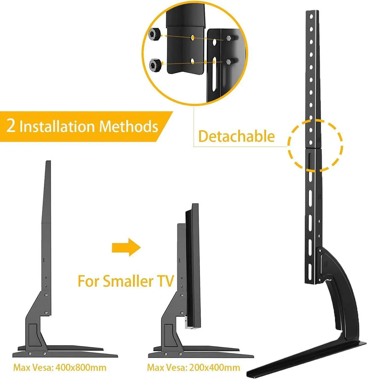 Alt view image 5 of 7 - 5Rcom TV Stand Mount, Universal TV Stand Tabletop for 22 to 65 inch Plasma LCD LED Flat Screen TVs, TV Legs, Holds up to 88lbs, Max VESA 800 x 500mm, Height Adjustable TV Base,