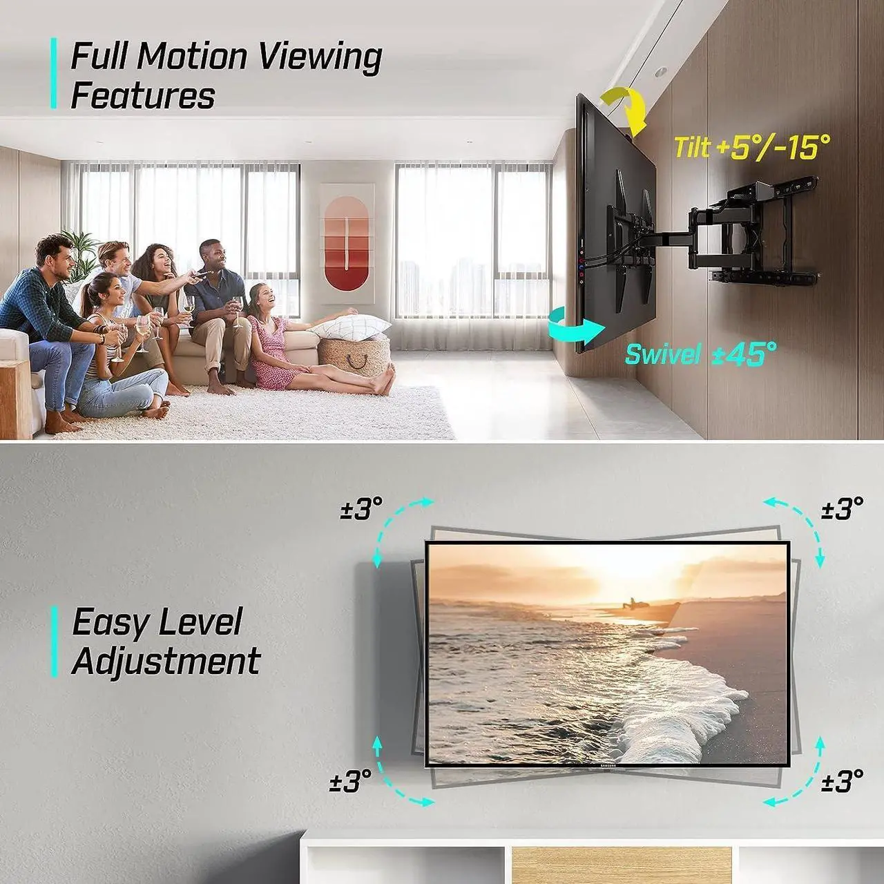 Alt view image 5 of 7 - Greenstell TV Mount with Power Outlet, Full Motion Wall Mount for 47"-84" TVs, Swivel, Tilt and Extension Bracket with Dual Articulating Arms, Max VESA 600x400mm, Holds up to 132lbs