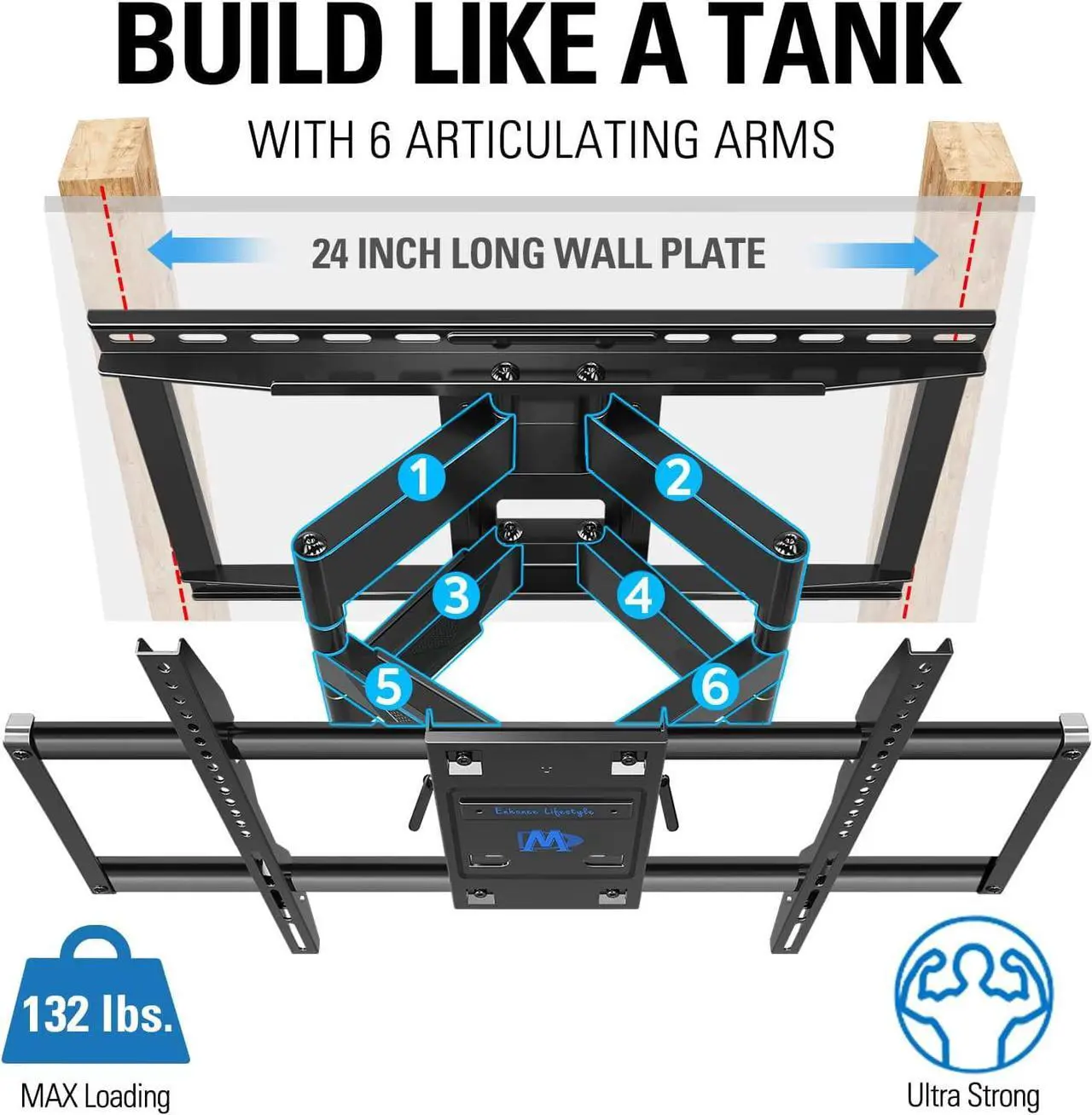 Main image of TV Wall Mount TV Bracket for Most 42-90 Inch TV, UL Listed Full Motion TV Mount with Articulating Arms, Max VESA 800x400mm 132 lbs. Loading, Fits 16", 18", 24" Studs MD2298-XL