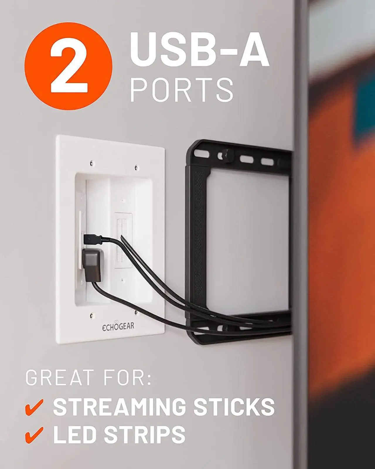 Alt view image 3 of 7 - TV Cord Hider For Wall Mounted TV With 2X AC Outlets & 2X USB-A Ports - Hide Power Cables & Low Voltage Wires Behind The Wall - Includes Template, Saw, & Low Profile Extension Cord - White