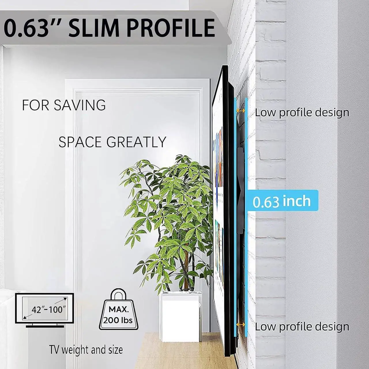 Alt view image 3 of 7 - Gibbon Mounts Fixed TV Wall Mounts- Low Profile TV Bracket Mounts for Most 42-100" LED/LCD Flat Screen TVs, 0.63''Ultra Slim, Max.VESA 800X600, Up to 220lbs Capacity