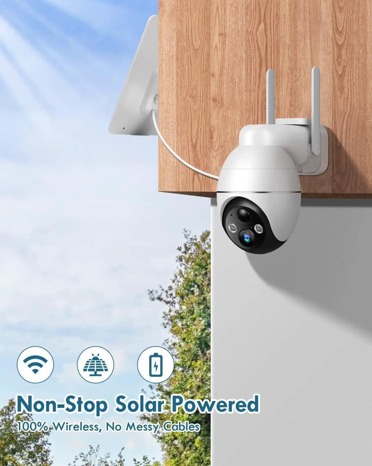 Alt view image 3 of 7 - Solar Security Cameras Wireless Outdoor, 2K PTZ Solar Cameras for Home Security, 2.4G Wi-Fi Outdoor Camera Wireless with PIR, 2-Way Talk, IP65, 4dbi, Spotlight/Siren, Color Night Vision