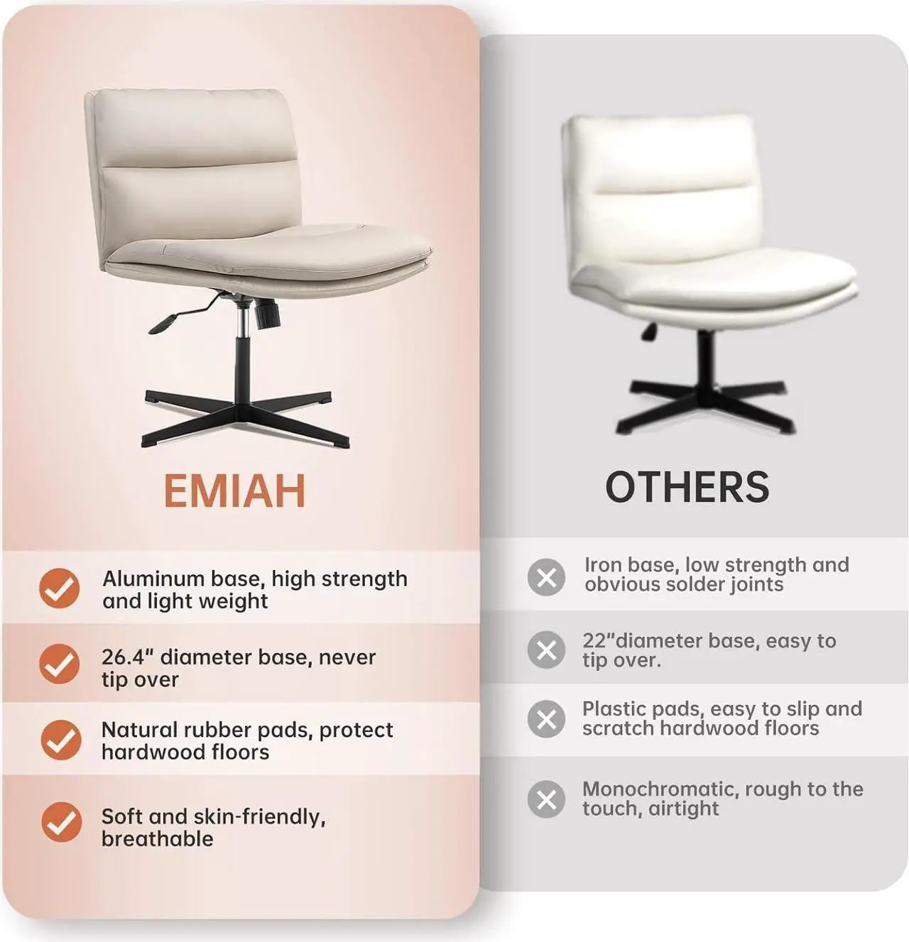 Alt view image 4 of 7 - Armless Office Desk Chair No Wheels PU-Padded Vanity Mid-Back Ergonomic Home Computer Comfortable Adjustable Swivel Task Chair with Thickened Cushion
