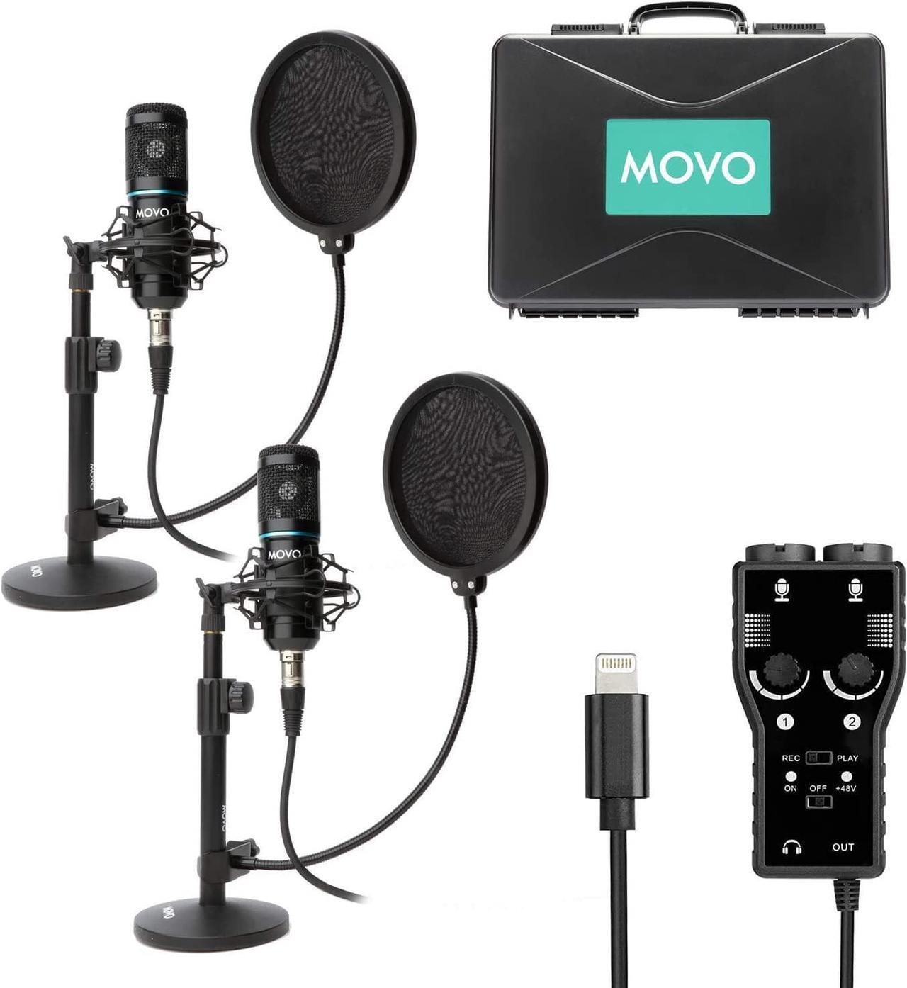 Main image of Movo Smartphone Podcast Recording Microphone Kit - 2 Pack Condenser Microphones, 2 Desktop Mic Stands, 2 Pop Filters, 2-Channel XLR Interface with Lightning Output - Compatible with iPhone, iPad, iOS