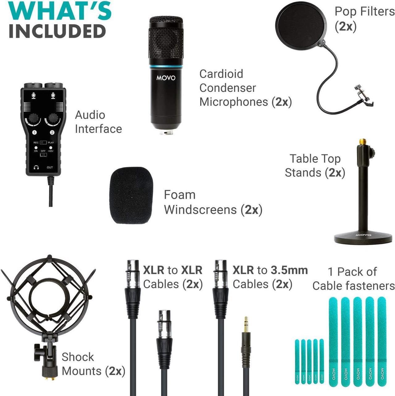 Alt view image 2 of 7 - Movo Smartphone Podcast Recording Microphone Kit - 2 Pack Condenser Microphones, 2 Desktop Mic Stands, 2 Pop Filters, 2-Channel XLR Interface with Lightning Output - Compatible with iPhone, iPad, iOS