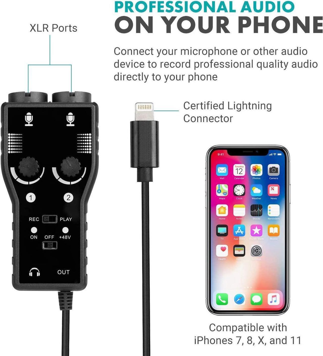 Alt view image 4 of 7 - Movo Smartphone Podcast Recording Microphone Kit - 2 Pack Condenser Microphones, 2 Desktop Mic Stands, 2 Pop Filters, 2-Channel XLR Interface with Lightning Output - Compatible with iPhone, iPad, iOS