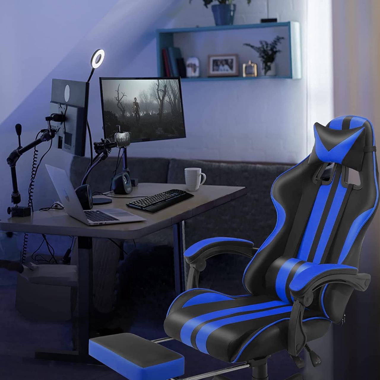 Alt view image 2 of 7 - Racing Style PC Computer Chair,Computer Gaming Chair, E-Sports Chair,Ergonomic Office Chair with Height Adjustment,Retractable Footrest,Headrest and Massage Lumbar Support(Navy Blue)