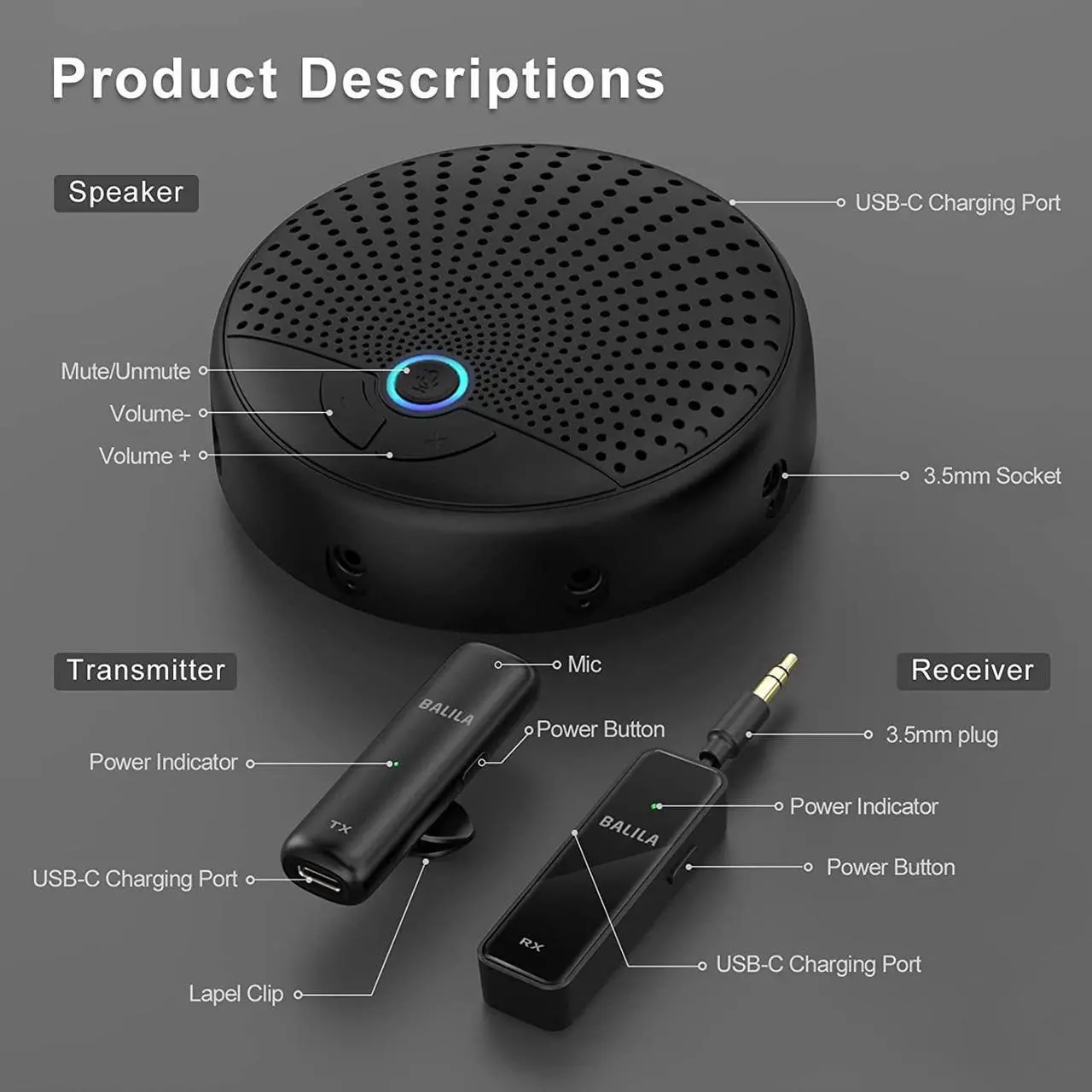 Alt view image 5 of 6 - Conference Speakerphone, BALILA Wireless Conference Speaker with 5 Microphones, Portable Omnidirectional Computer Microphone for Streaming, Call Speaker Skype, Webinar, Interview