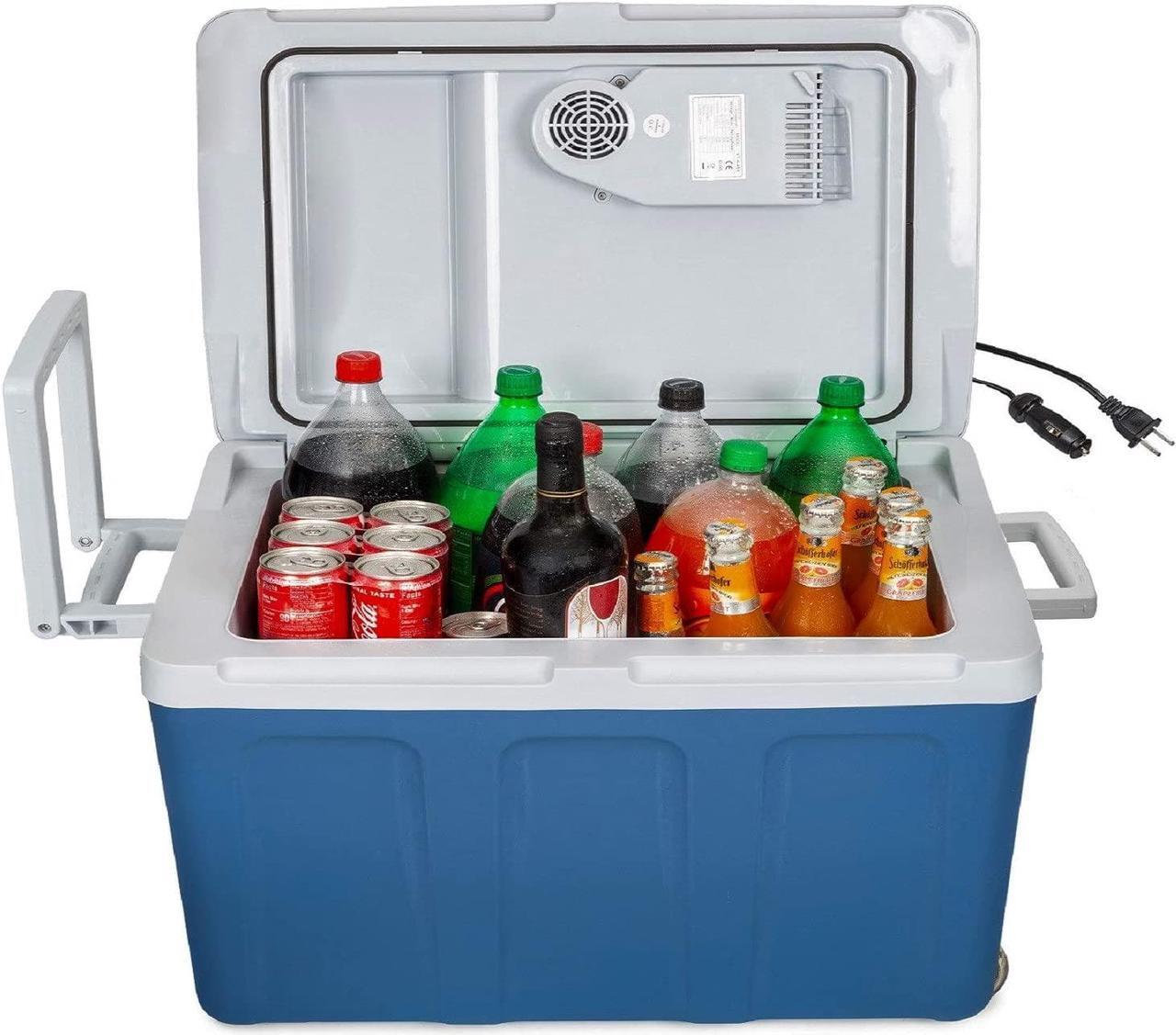 Main image of K-box Electric Cooler and Warmer with Wheels for Car and Home - 48 Quart (45 Liter) - 6 FT. EXTRA Long Cables Dual 110V AC House and 12V DC Vehicle Plugs (Blue)
