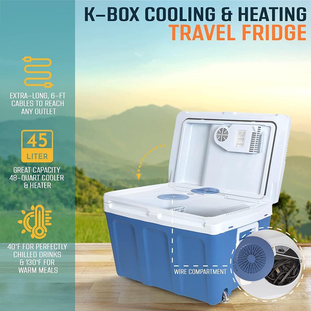 Alt view image 2 of 7 - K-box Electric Cooler and Warmer with Wheels for Car and Home - 48 Quart (45 Liter) - 6 FT. EXTRA Long Cables Dual 110V AC House and 12V DC Vehicle Plugs (Blue)