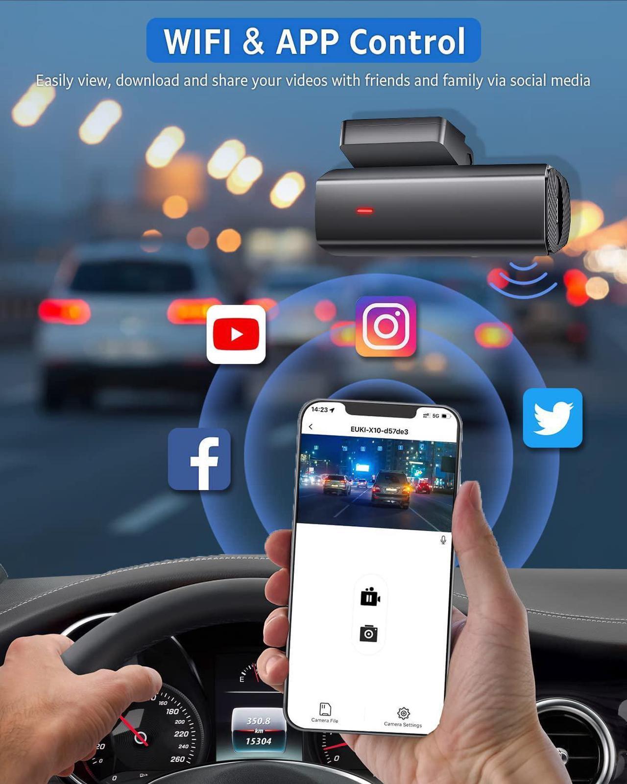 Alt view image 4 of 7 - Dash Cam 1080P Car Camera, EUKI WiFi Dash Camera for Cars, Dash Cam Front with Night Vision, 170°Wide Angle, 24 Hours Parking Monitor, Loop Recording, G-Sensor, APP Control, Support 128GB Max