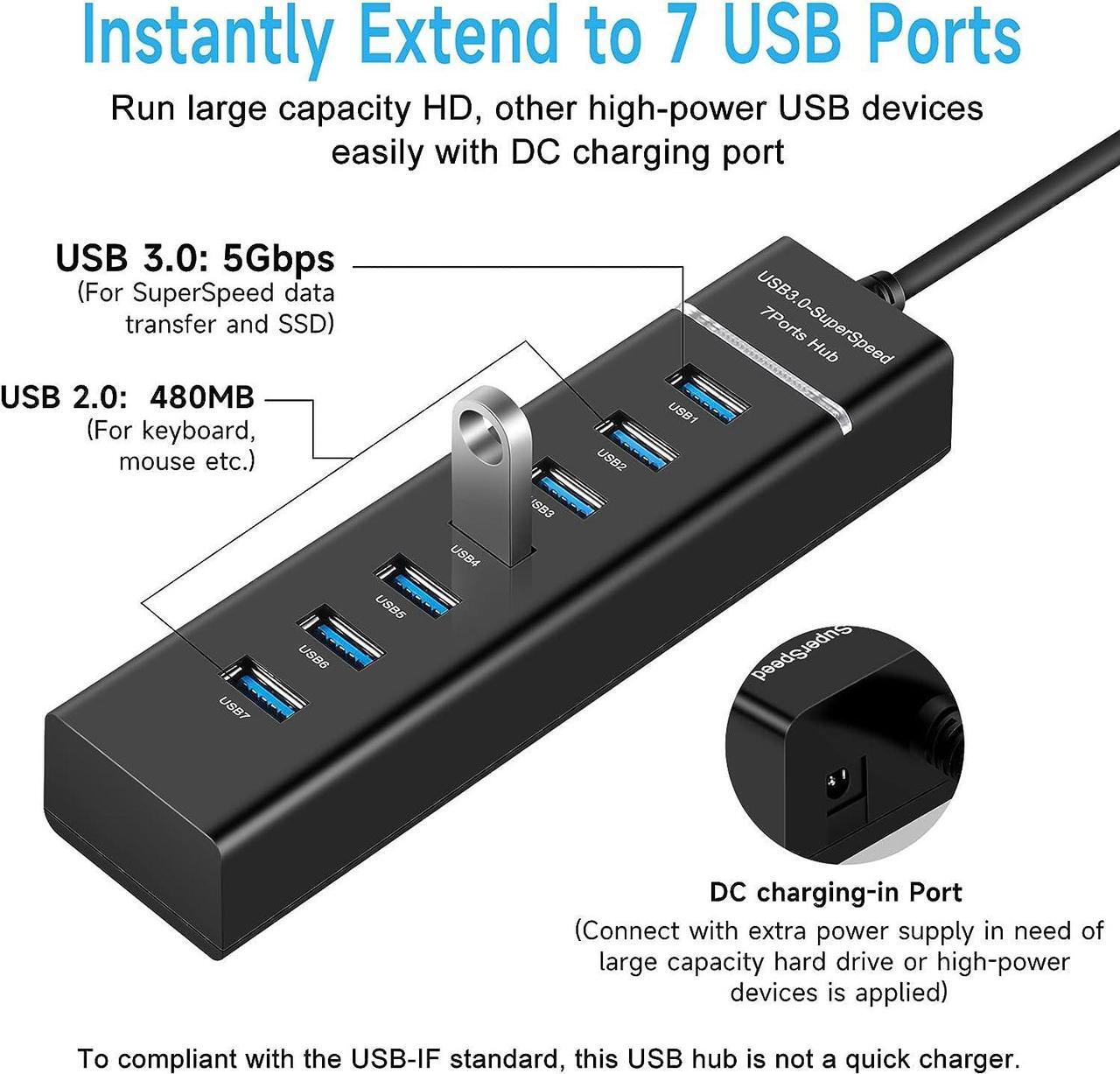 Alt view image 5 of 7 - USB Hub3.0, YaimhSound 7-Port USB Extender, USB 3.0, 2.0 Splitter Adapter for Laptop,PC, Keyboard, Mouse, Dell, HP, Lenovo, Mac, Acer, Surface Pro and More USB Devices(1ft)