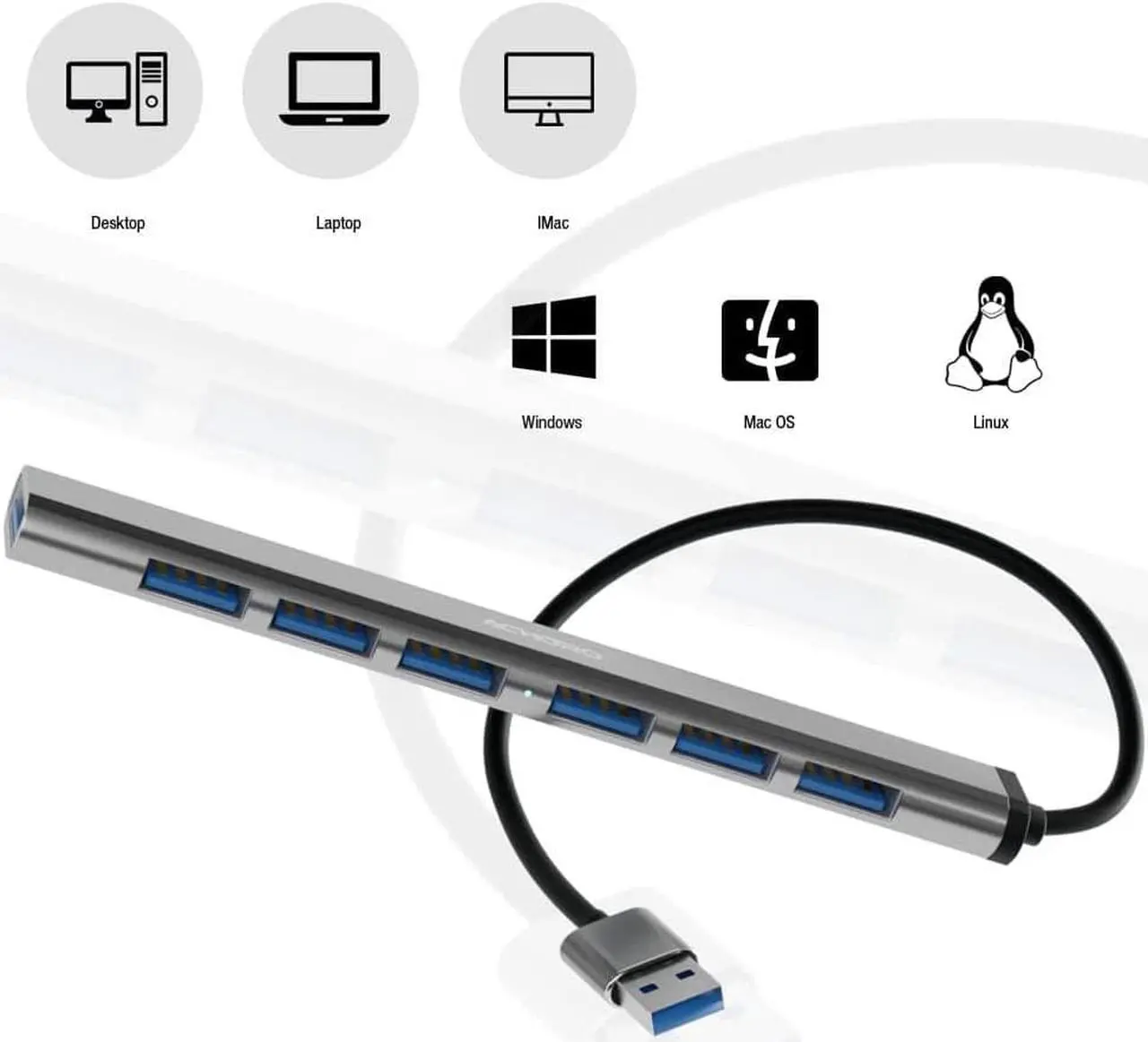 Alt view image 4 of 4 - 7 Ports 3.0 & 2.0 USB Ports Hub - Aluminium Alloy - High-Speed USB Port Expander - Extra USB Hub for PC, iMac, MacBook, Windows, Desktop, and More  A Multiple Computer USB HUB (7 Ports)