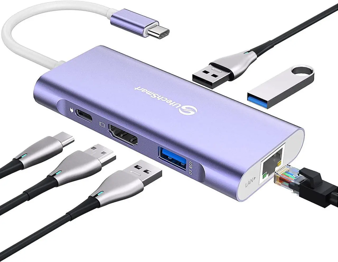 Main image of USB C Hub,UtechSmart 6 In 1 USB C to HDMI Adapter with 1000M Ethernet, Power Delivery Pd Type C Charging Port, 3 USB 3.0 Ports Adapter Compatible for MacBook Pro, Chromebook,and USB C devices (Purple)