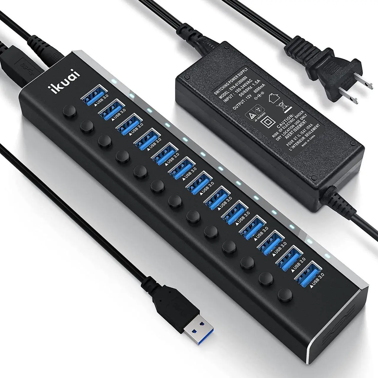 Main image of Powered USB Hub, ikuai 13 Port Aluminum USB 3.0 Hub with 72W (12V/6A) Power Adapter, Individual On/Off Switches, USB Splitter for MacBook PC Laptop and More