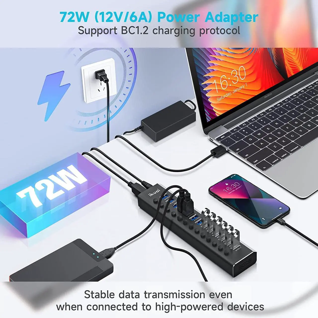 Alt view image 2 of 7 - Powered USB Hub, ikuai 13 Port Aluminum USB 3.0 Hub with 72W (12V/6A) Power Adapter, Individual On/Off Switches, USB Splitter for MacBook PC Laptop and More