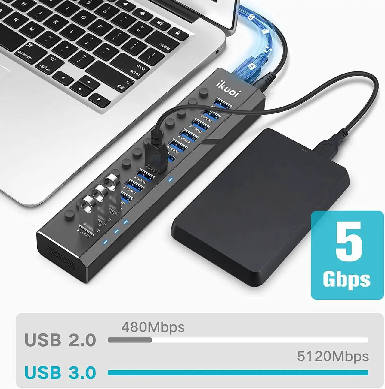 Alt view image 3 of 7 - Powered USB Hub, ikuai 13 Port Aluminum USB 3.0 Hub with 72W (12V/6A) Power Adapter, Individual On/Off Switches, USB Splitter for MacBook PC Laptop and More