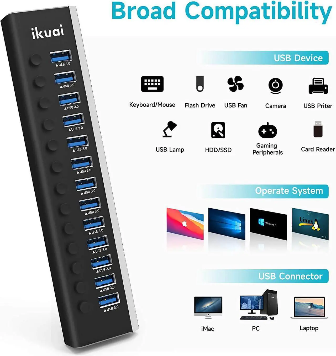Alt view image 5 of 7 - Powered USB Hub, ikuai 13 Port Aluminum USB 3.0 Hub with 72W (12V/6A) Power Adapter, Individual On/Off Switches, USB Splitter for MacBook PC Laptop and More