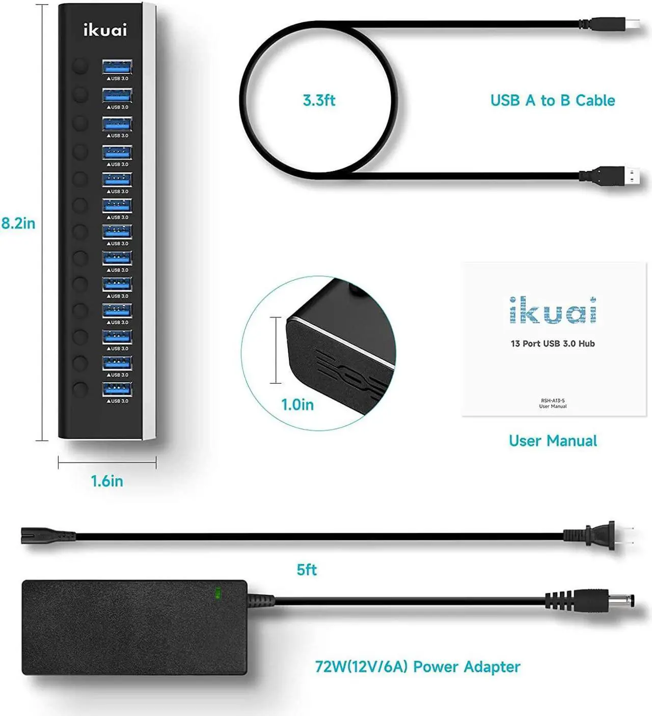 Alt view image 7 of 7 - Powered USB Hub, ikuai 13 Port Aluminum USB 3.0 Hub with 72W (12V/6A) Power Adapter, Individual On/Off Switches, USB Splitter for MacBook PC Laptop and More