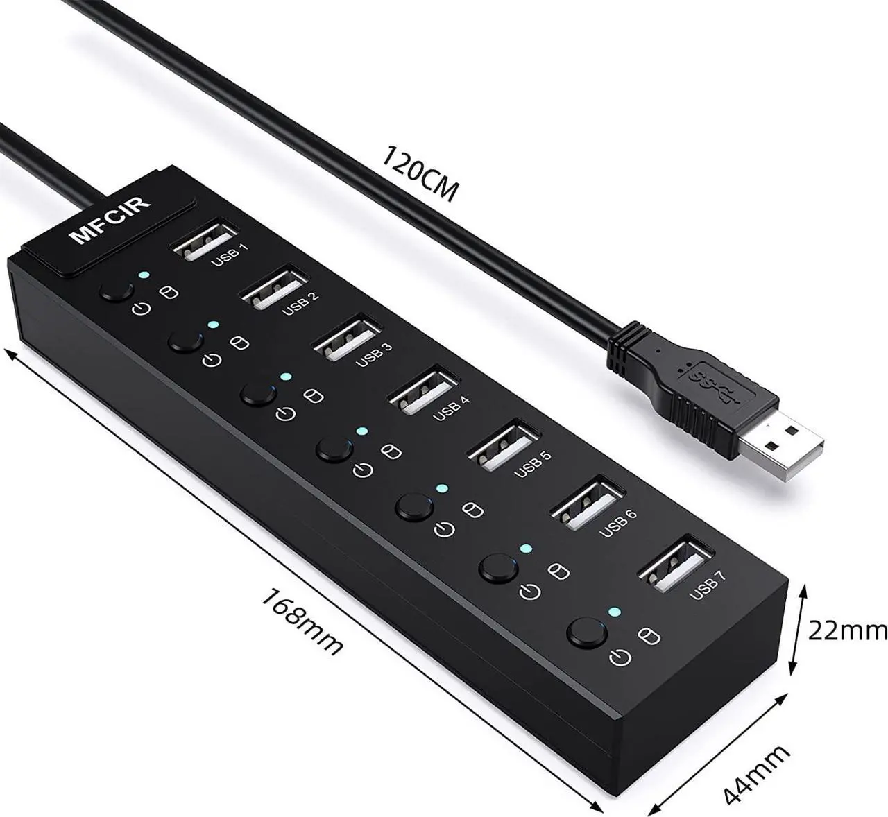 Alt view image 4 of 6 - Mfcir Powered USB Hub 7-Port USB Data 2.0 Hub Multi Port USB Splitter with Individual On/Off Switches and 5V/2A Power Adapter Charging USB Extension Multiple for MacBook,Laptop,PC,Computer