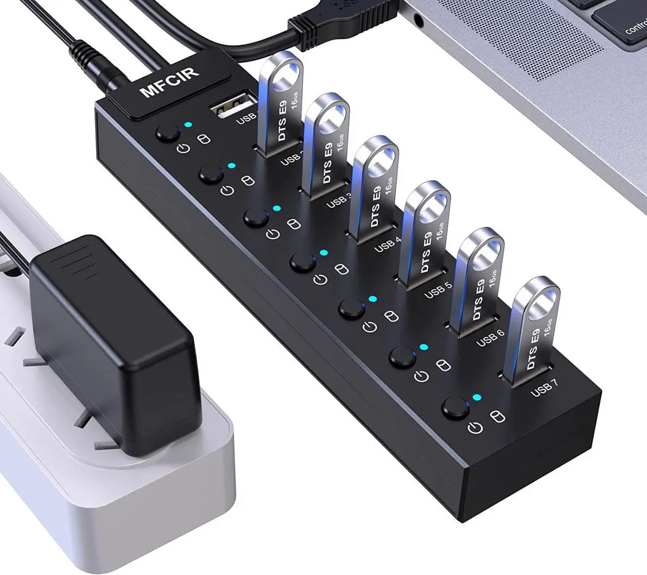 Main image of Mfcir Powered USB Hub 7-Port USB Data 2.0 Hub Multi Port USB Splitter with Individual On/Off Switches and 5V/2A Power Adapter Charging USB Extension Multiple for MacBook,Laptop,PC,Computer