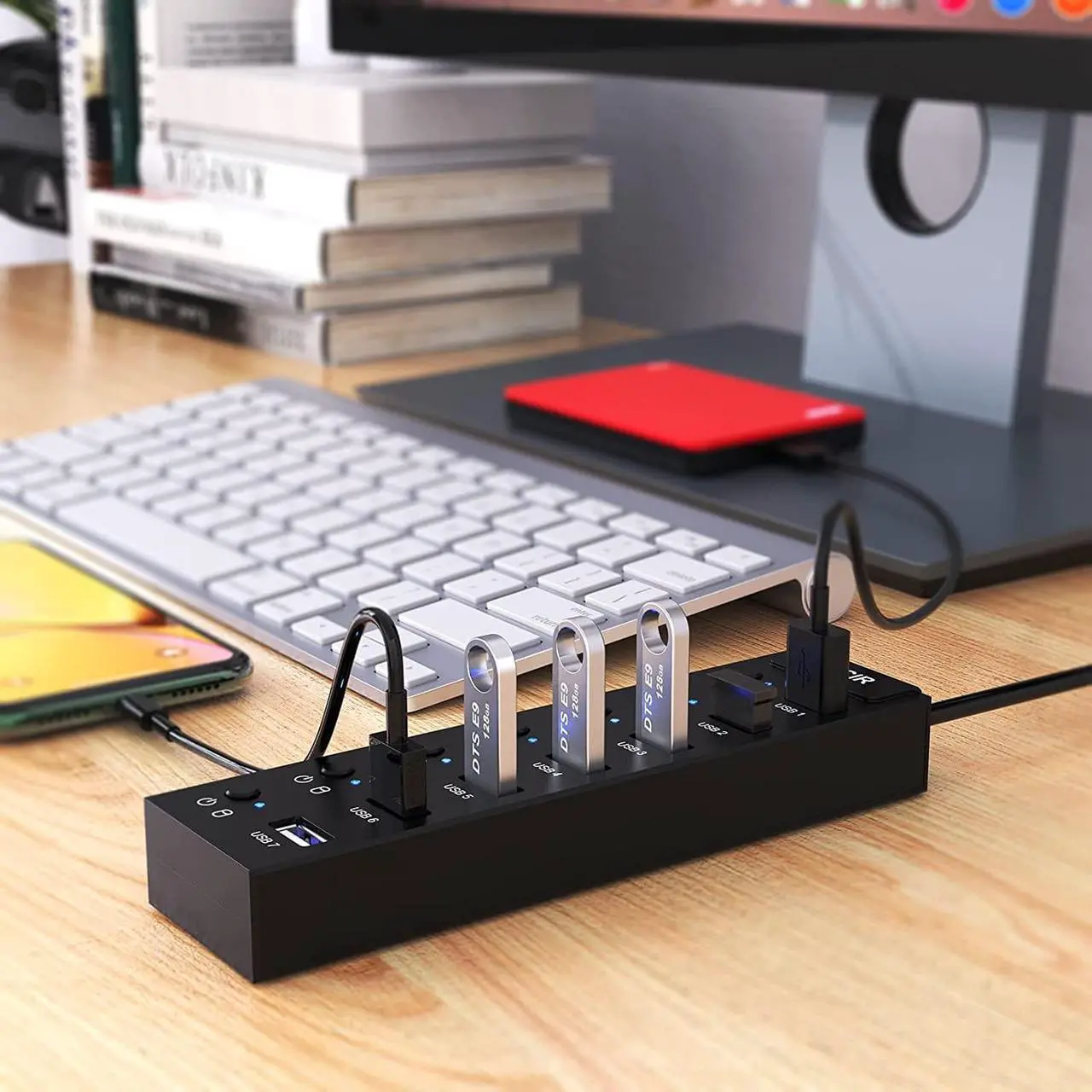 Alt view image 6 of 6 - Mfcir Powered USB Hub 7-Port USB Data 2.0 Hub Multi Port USB Splitter with Individual On/Off Switches and 5V/2A Power Adapter Charging USB Extension Multiple for MacBook,Laptop,PC,Computer