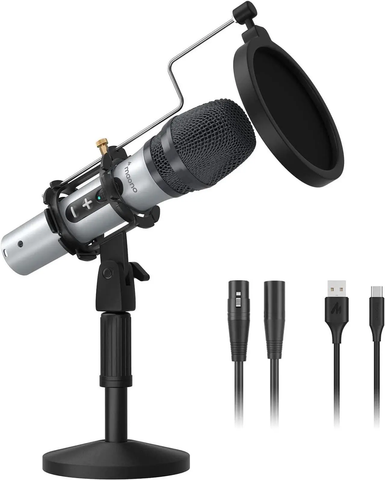 Main image of USB/XLR Podcasting Dynamic Microphone, Studio Mic Kit with Volume Control, Shock Mount, Pop Filter, Ideal for Vocal, Recording, Voice Over, Live Streaming - Silver