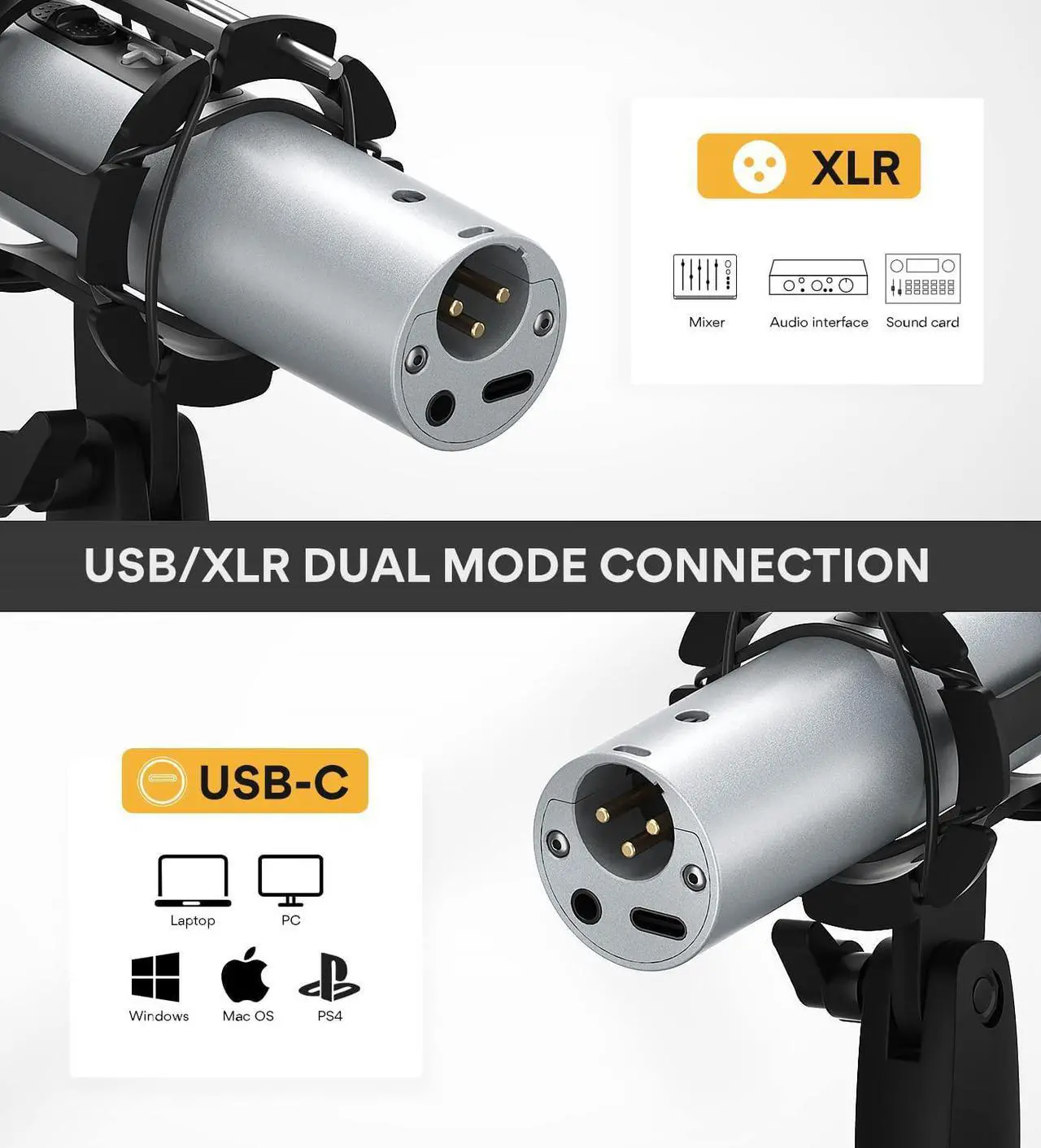 Alt view image 4 of 7 - USB/XLR Podcasting Dynamic Microphone, Studio Mic Kit with Volume Control, Shock Mount, Pop Filter, Ideal for Vocal, Recording, Voice Over, Live Streaming - Silver