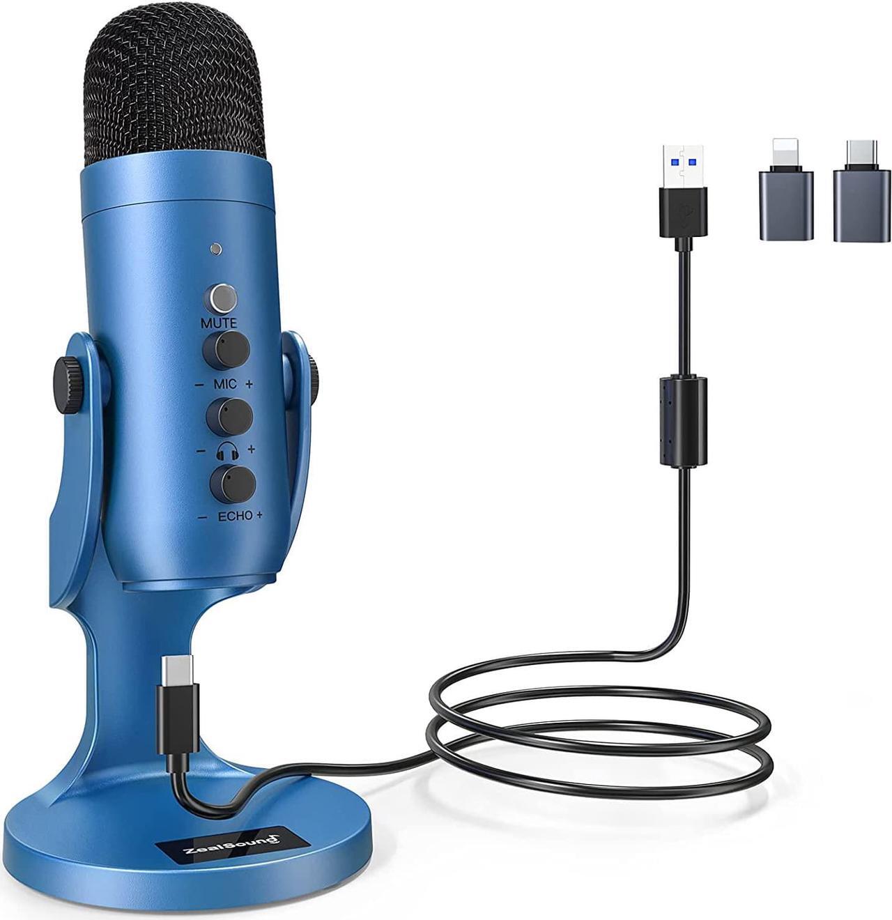 Main image of USB Microphone,Condenser Gaming Mic for Phone/Laptop/PC/PS4/5/Computer,Microphone with Gain Knob,LED Mute,Monitor Volume Adjustment,Stand Base for Streaming, Podcast, Studio Recording (Blue)