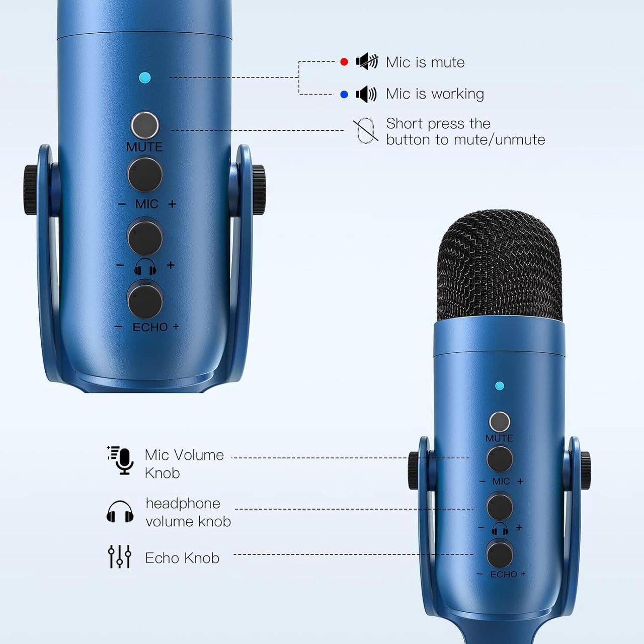 Alt view image 5 of 7 - USB Microphone,Condenser Gaming Mic for Phone/Laptop/PC/PS4/5/Computer,Microphone with Gain Knob,LED Mute,Monitor Volume Adjustment,Stand Base for Streaming, Podcast, Studio Recording (Blue)