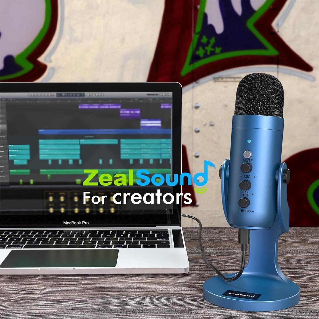Alt view image 6 of 7 - USB Microphone,Condenser Gaming Mic for Phone/Laptop/PC/PS4/5/Computer,Microphone with Gain Knob,LED Mute,Monitor Volume Adjustment,Stand Base for Streaming, Podcast, Studio Recording (Blue)